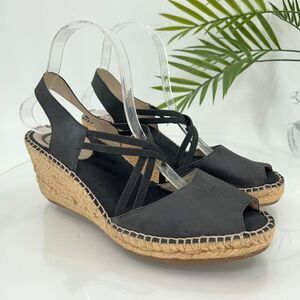 Abeo Delano Dress Sandal Sz 9 Wedge Espadrille Slingback Black Leather Comfort